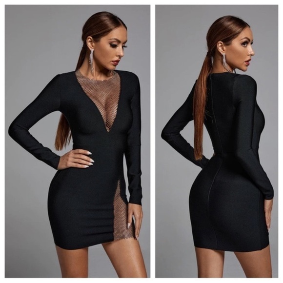 NWT Bella Barnett Black Plunge Mesh Rhinestone Mini Cocktail Dress XS OO21 - Picture 2 of 16